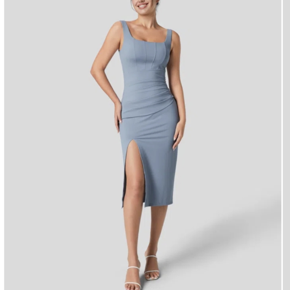 Halara Corset Ruched Split Bodycon Midi Casual Dress in Snowflake Blue